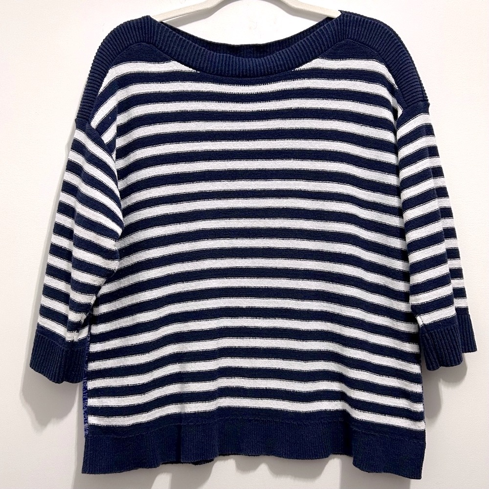Chico's Women’s Navy Blue and White Striped Crew Neck Sweater